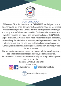 Lee más sobre el artículo CANATAME EMITE COMUNICADO SOBRE GRUPOS DE WHATSAPP CON SU LOGO Y RAZÓN SOCIAL